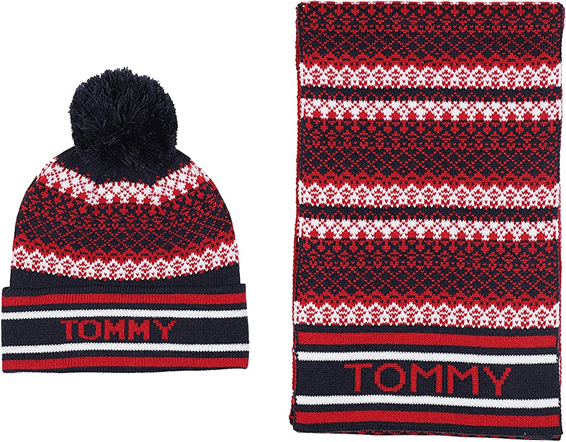 Tommy Hilfiger - muts en sjaal - koud weer cadeau set - wit - rood - zwart 